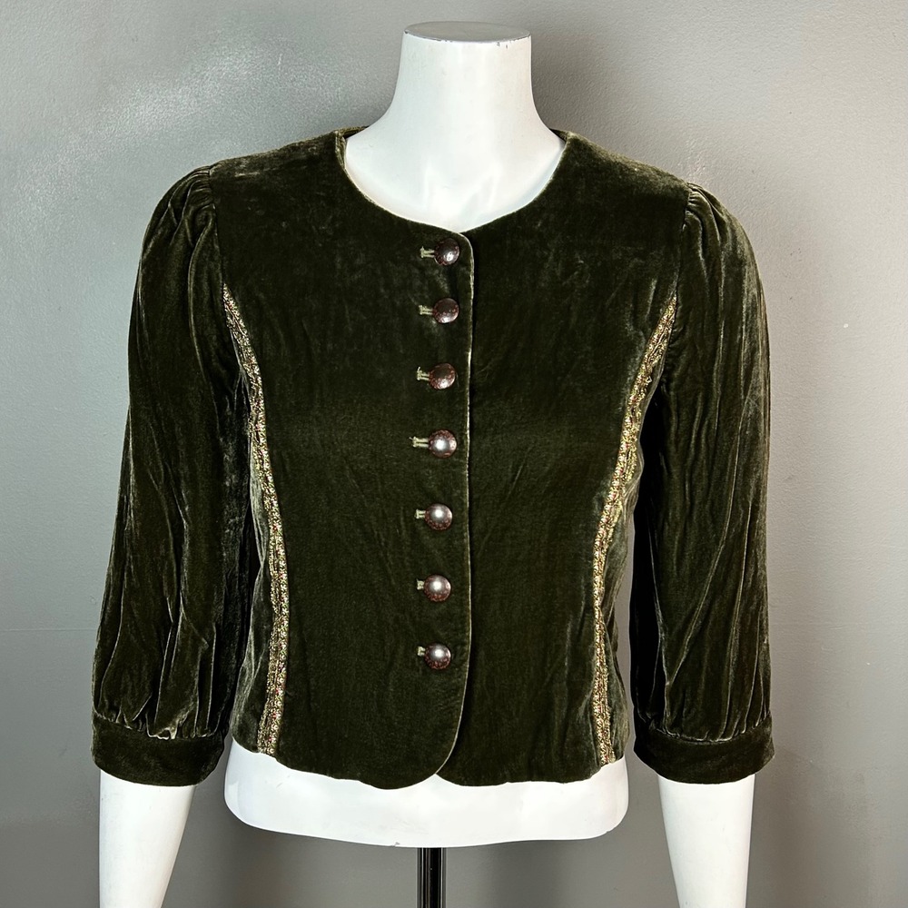 CottageCore Velvet Jacket Size 4 Cynthia Steffe Green Lace Cropped Edelweiss Y2K
